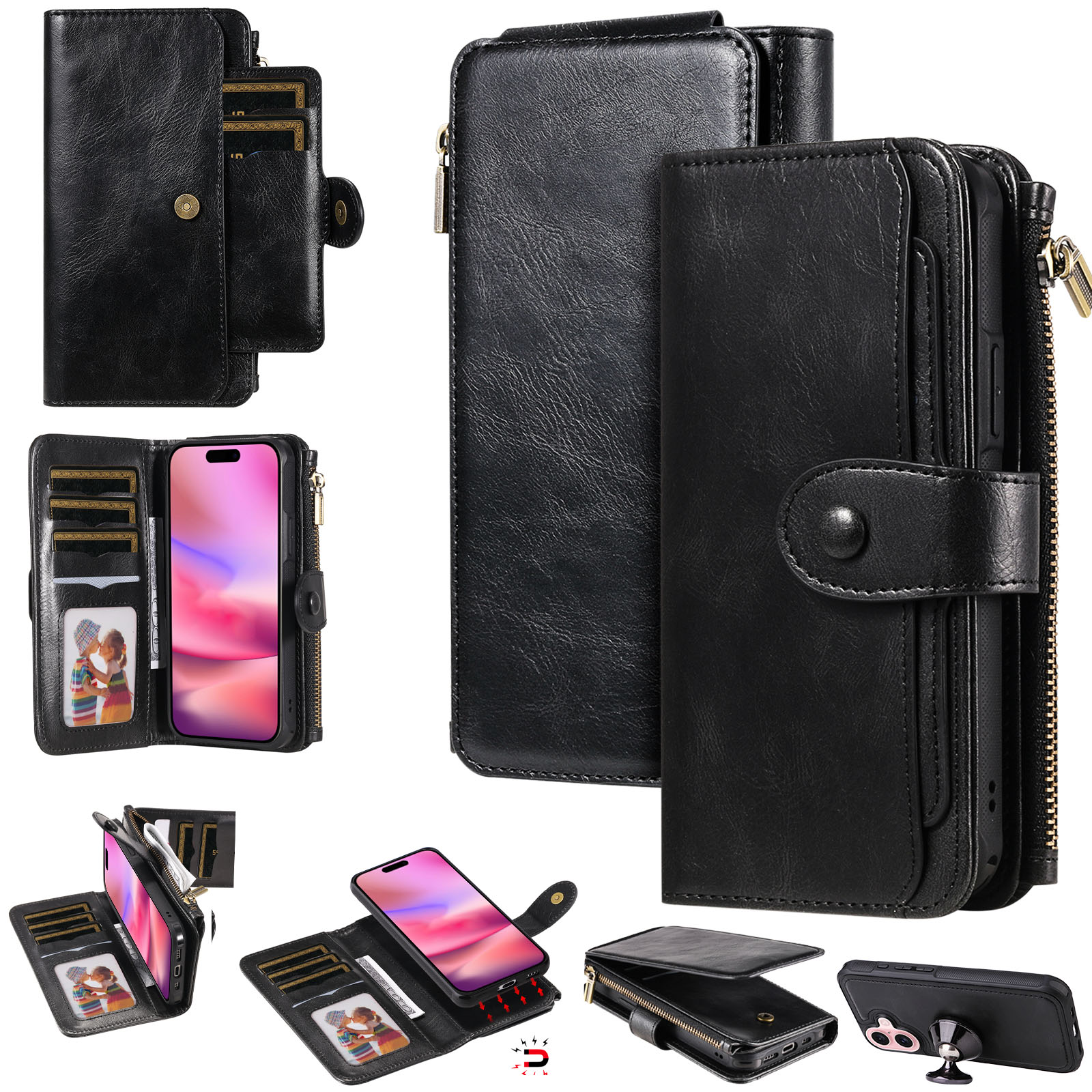 For iPhone 17 Phone Case PU Leather Zipper Wallet Detachable Cover - Black