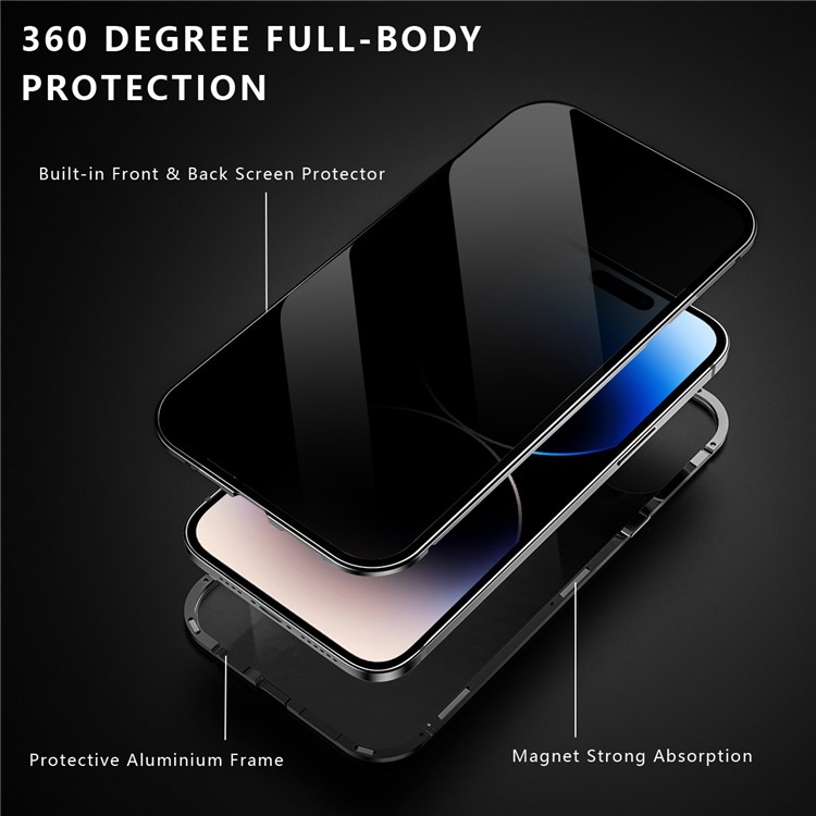 R-JUST Anti-peep Phone Case for iPhone 14 Pro Max Solid Color Magnetic Suction Aluminium Alloy Frame Phone Cover Support Wireless Charging - Black-2