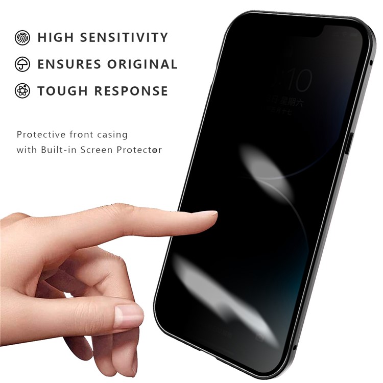 R-JUST Anti-peep Phone Case for iPhone 14 Pro Max Solid Color Magnetic Suction Aluminium Alloy Frame Phone Cover Support Wireless Charging - Black-3