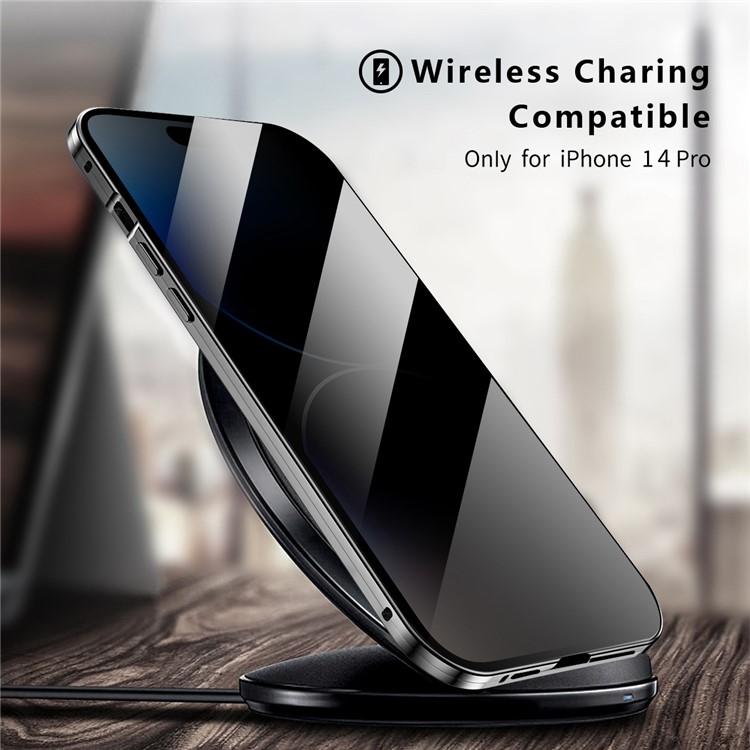 R-JUST Anti-peep Phone Case for iPhone 14 Pro Max Solid Color Magnetic Suction Aluminium Alloy Frame Phone Cover Support Wireless Charging - Black-4