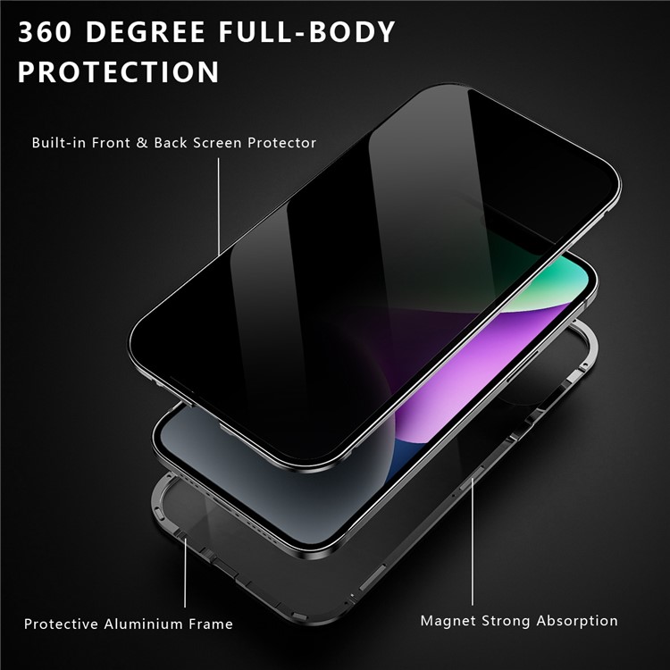 R-JUST Anti-peep Phone Case for iPhone 14 Solid Color Magnetic Suction Aluminium Alloy Frame Full Body Protection Phone Cover Support Wireless Charging - Black-2