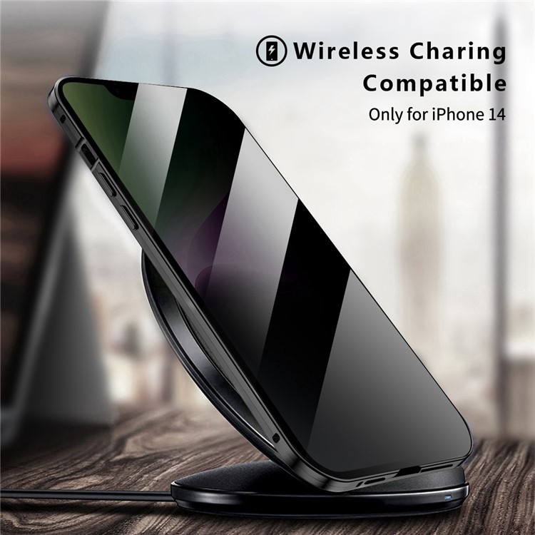 R-JUST Anti-peep Phone Case for iPhone 14 Solid Color Magnetic Suction Aluminium Alloy Frame Full Body Protection Phone Cover Support Wireless Charging - Black-4