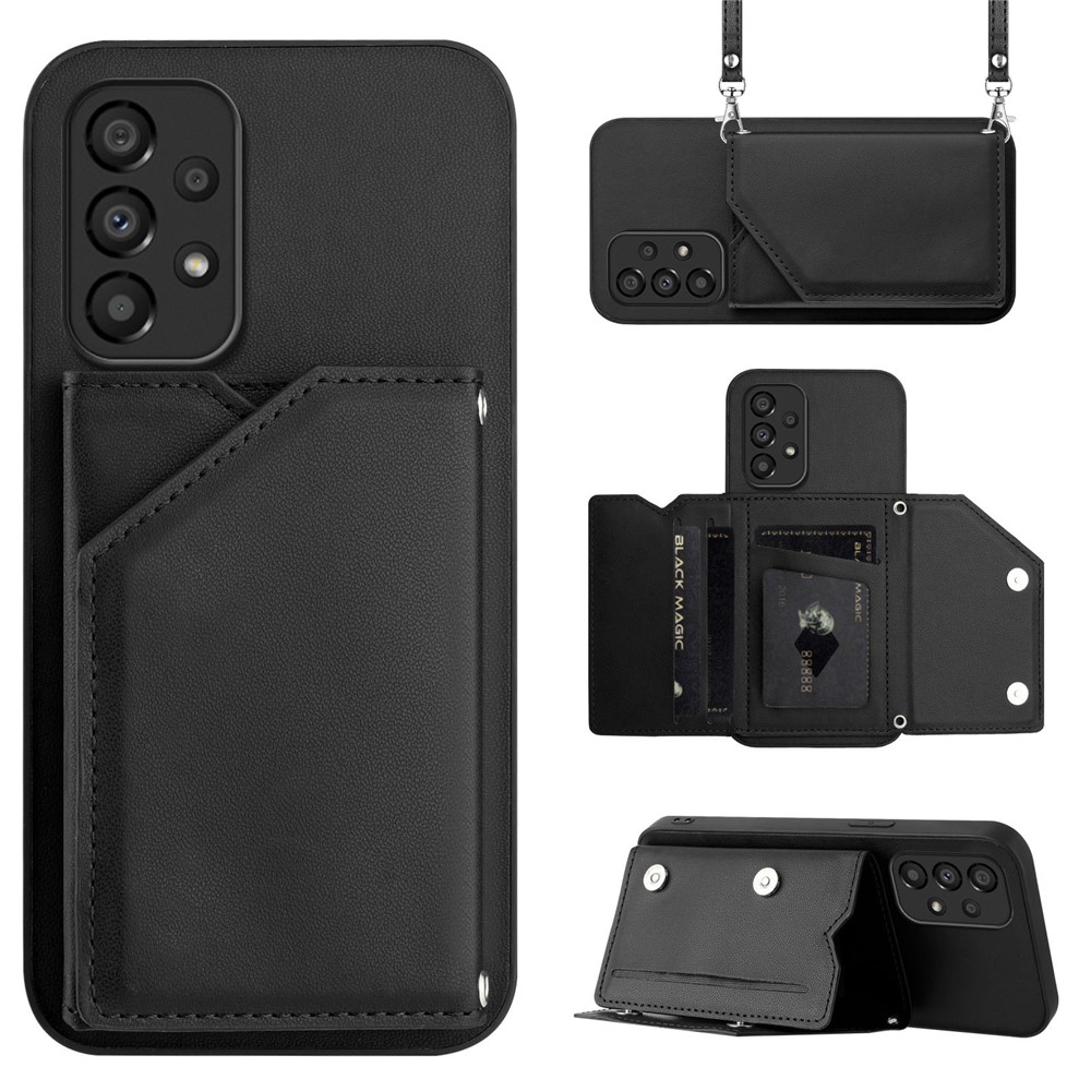 For Samsung Galaxy A33 5G Case Card Holder Kickstand Skin-Touch PU TPU Phone Cover with Shoulder Strap - Black