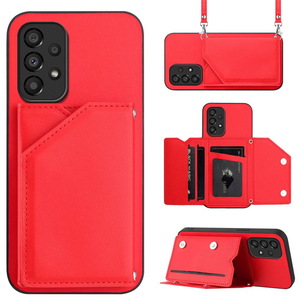 For Samsung Galaxy A33 5G Case Card Holder Kickstand Skin-Touch PU TPU Phone Cover with Shoulder Strap - Red