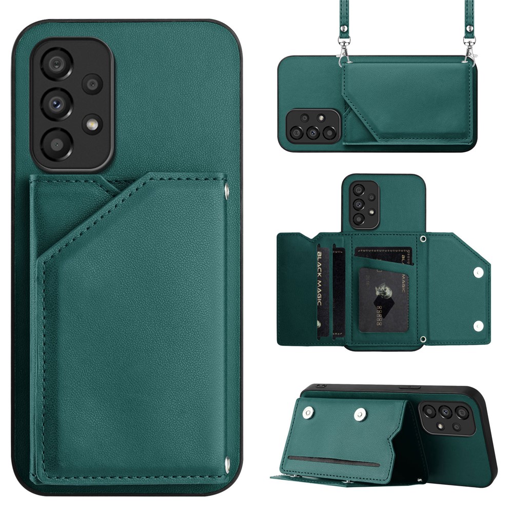 For Samsung Galaxy A33 5G Case Card Holder Kickstand Skin-Touch PU TPU Phone Cover with Shoulder Strap - Green