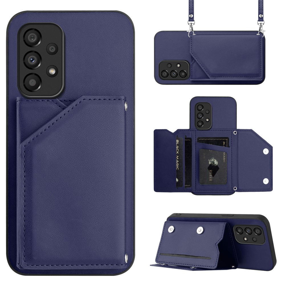 For Samsung Galaxy A33 5G Case Card Holder Kickstand Skin-Touch PU TPU Phone Cover with Shoulder Strap - Blue