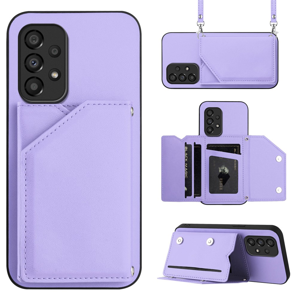 For Samsung Galaxy A33 5G Case Card Holder Kickstand Skin-Touch PU TPU Phone Cover with Shoulder Strap - Light Purple