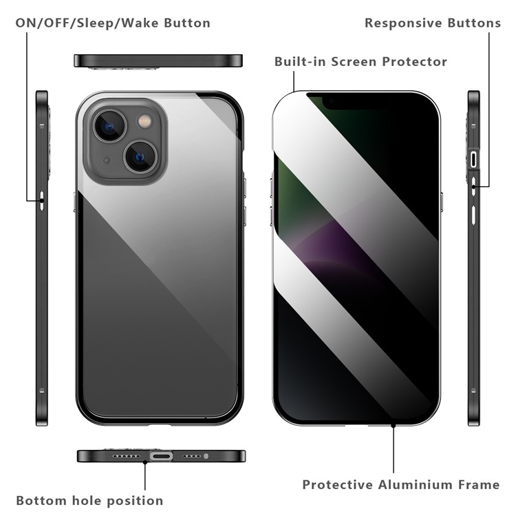 R-JUST for iPhone 14 Plus Solid Color Magnetic Suction Anti-peep Phone Case Aluminium Alloy Frame Protective Smartphone Cover Support Wireless Charging - Black-6
