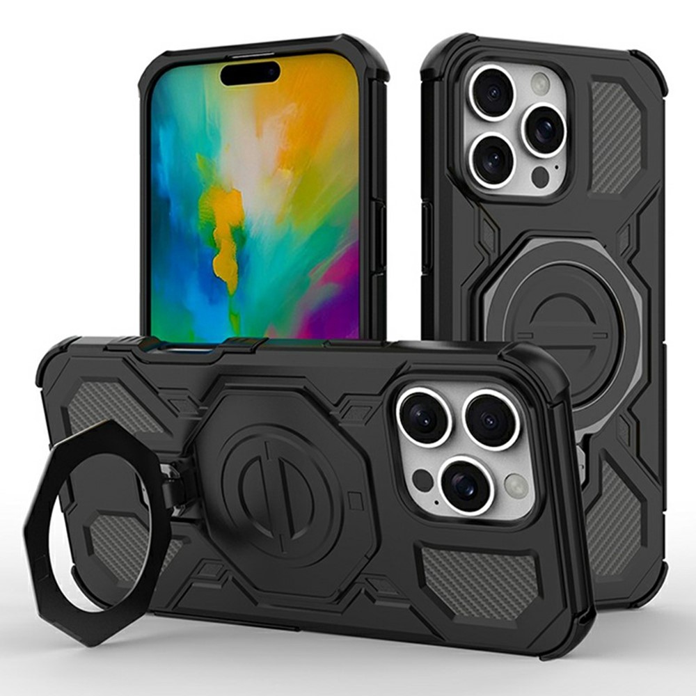 Bulk Purchasing For iPhone 16 Pro Max Magnetic Case Rotating Metal Kickstand PC + TPU Phone Back Cover - Black