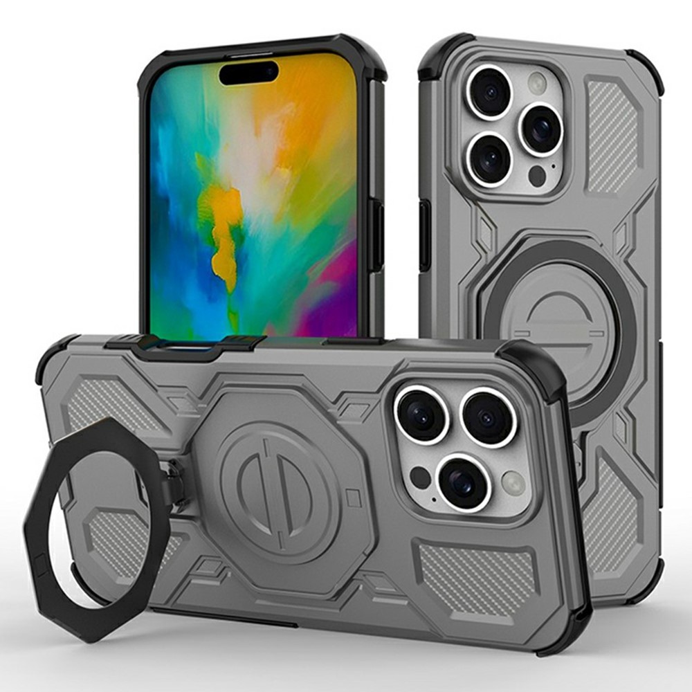 Bulk Purchasing For iPhone 16 Pro Max Magnetic Case Rotating Metal Kickstand PC + TPU Phone Back Cover - Grey