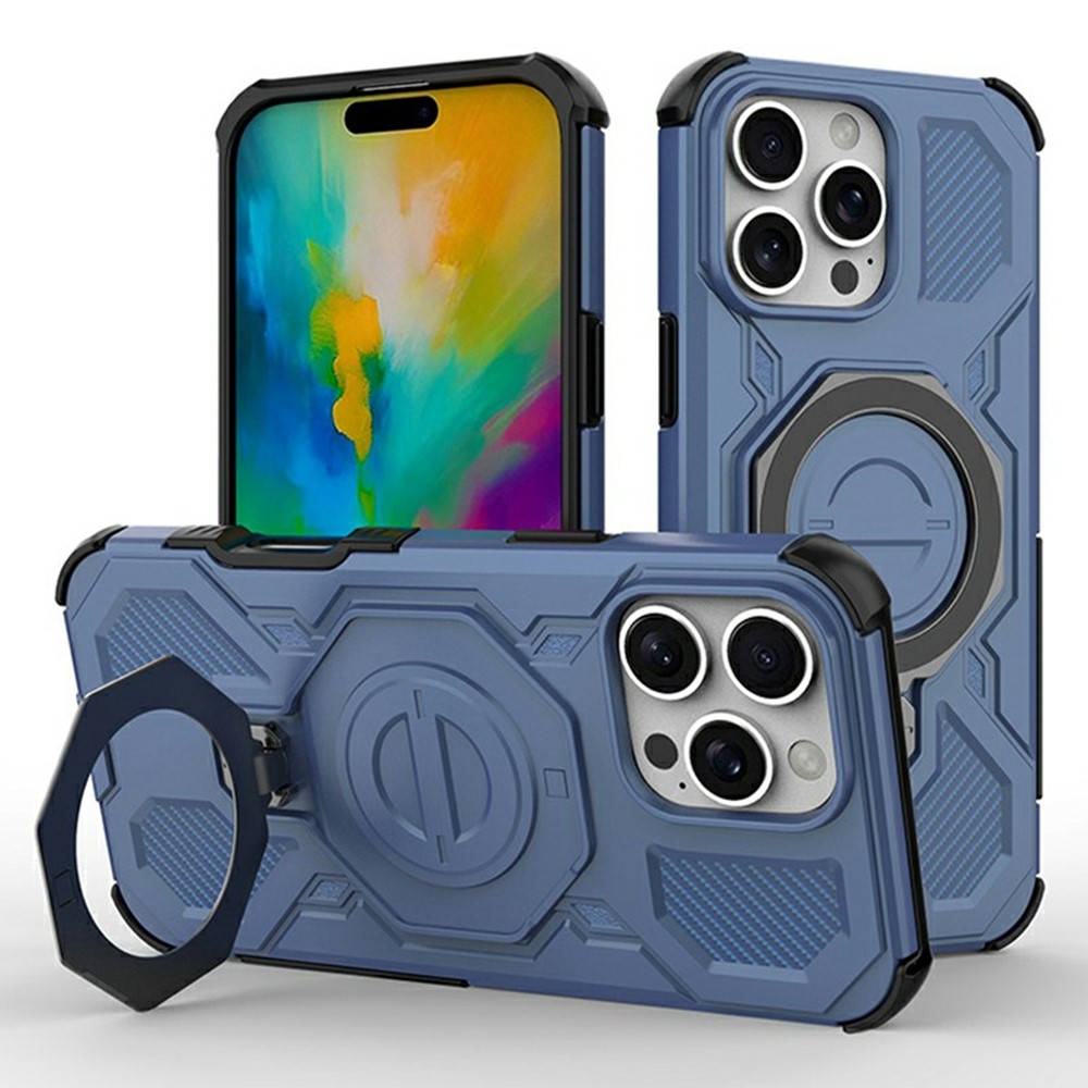 Bulk Purchasing For iPhone 16 Pro Magnetic Case Rotating Metal Kickstand PC + TPU Phone Back Cover - Dark Blue