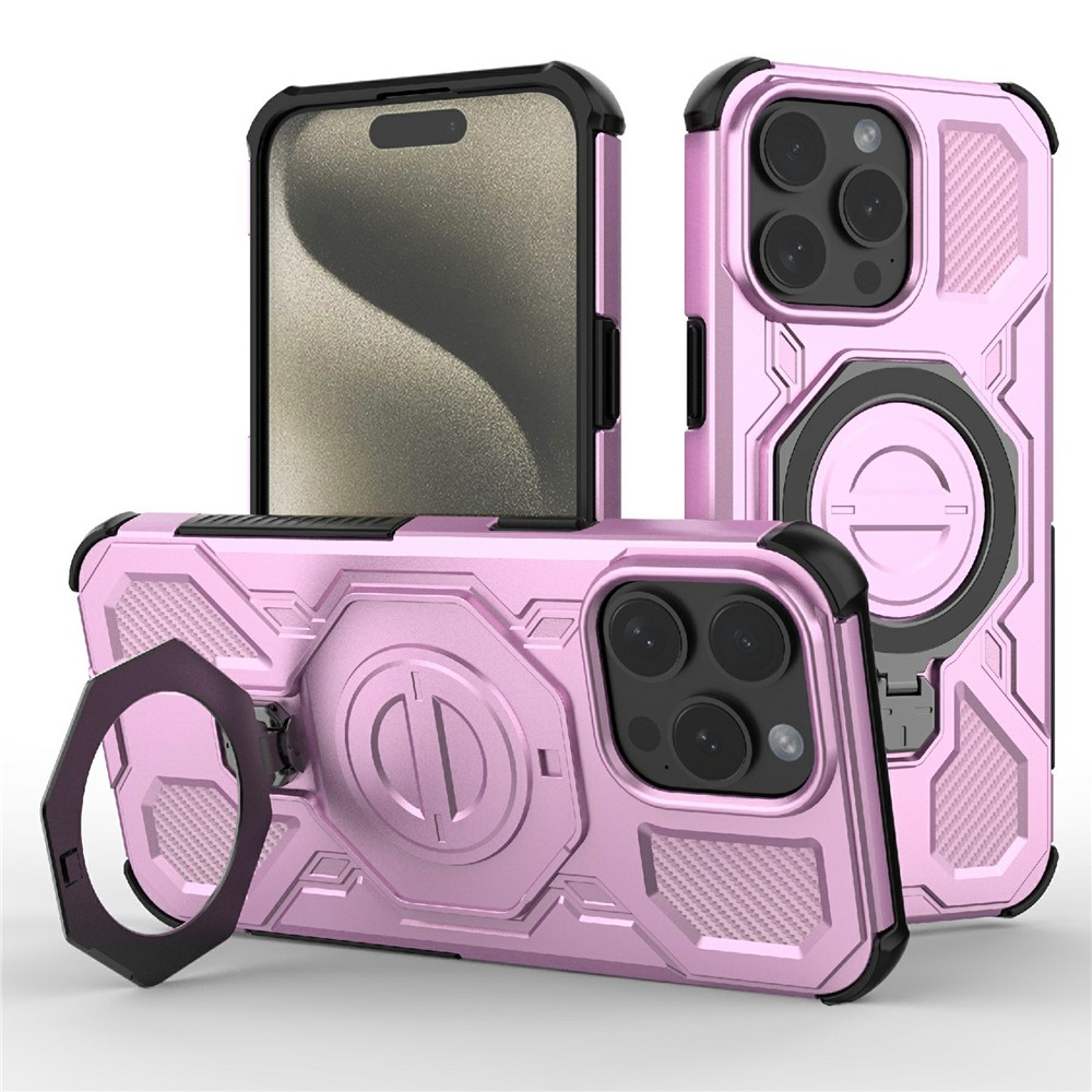 Bulk Purchasing For iPhone 15 Pro Magnetic Case Rotating Metal Kickstand PC + TPU Phone Back Cover - Pink