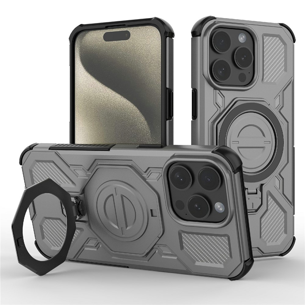 Bulk Purchasing For iPhone 15 Pro Magnetic Case Rotating Metal Kickstand PC + TPU Phone Back Cover - Grey