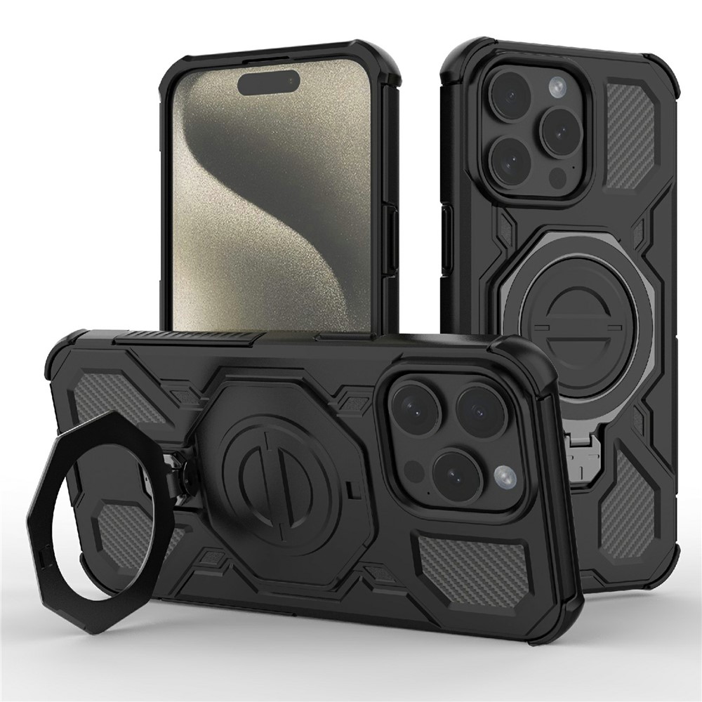 Bulk Purchasing For iPhone 15 Pro Magnetic Case Rotating Metal Kickstand PC + TPU Phone Back Cover - Black