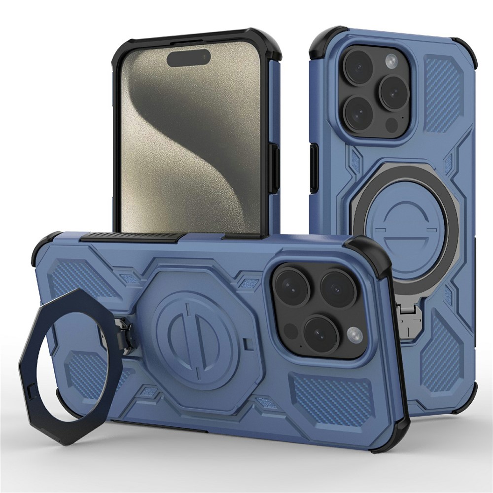 Bulk Purchasing For iPhone 15 Pro Max Magnetic Case Rotating Metal Kickstand PC + TPU Phone Back Cover - Dark Blue