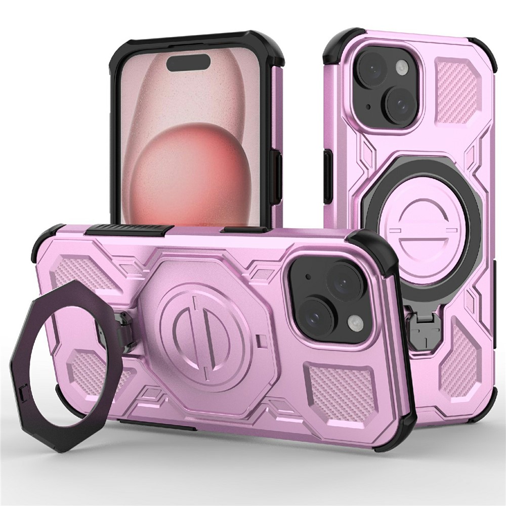 Bulk Purchasing For iPhone 15 Magnetic Case Rotating Metal Kickstand PC + TPU Phone Back Cover - Pink