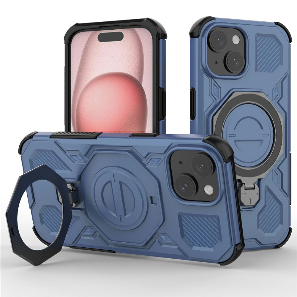Bulk Purchasing For iPhone 15 Magnetic Case Rotating Metal Kickstand PC + TPU Phone Back Cover - Dark Blue