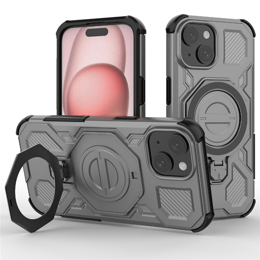 Bulk Purchasing For iPhone 15 Magnetic Case Rotating Metal Kickstand PC + TPU Phone Back Cover - Grey