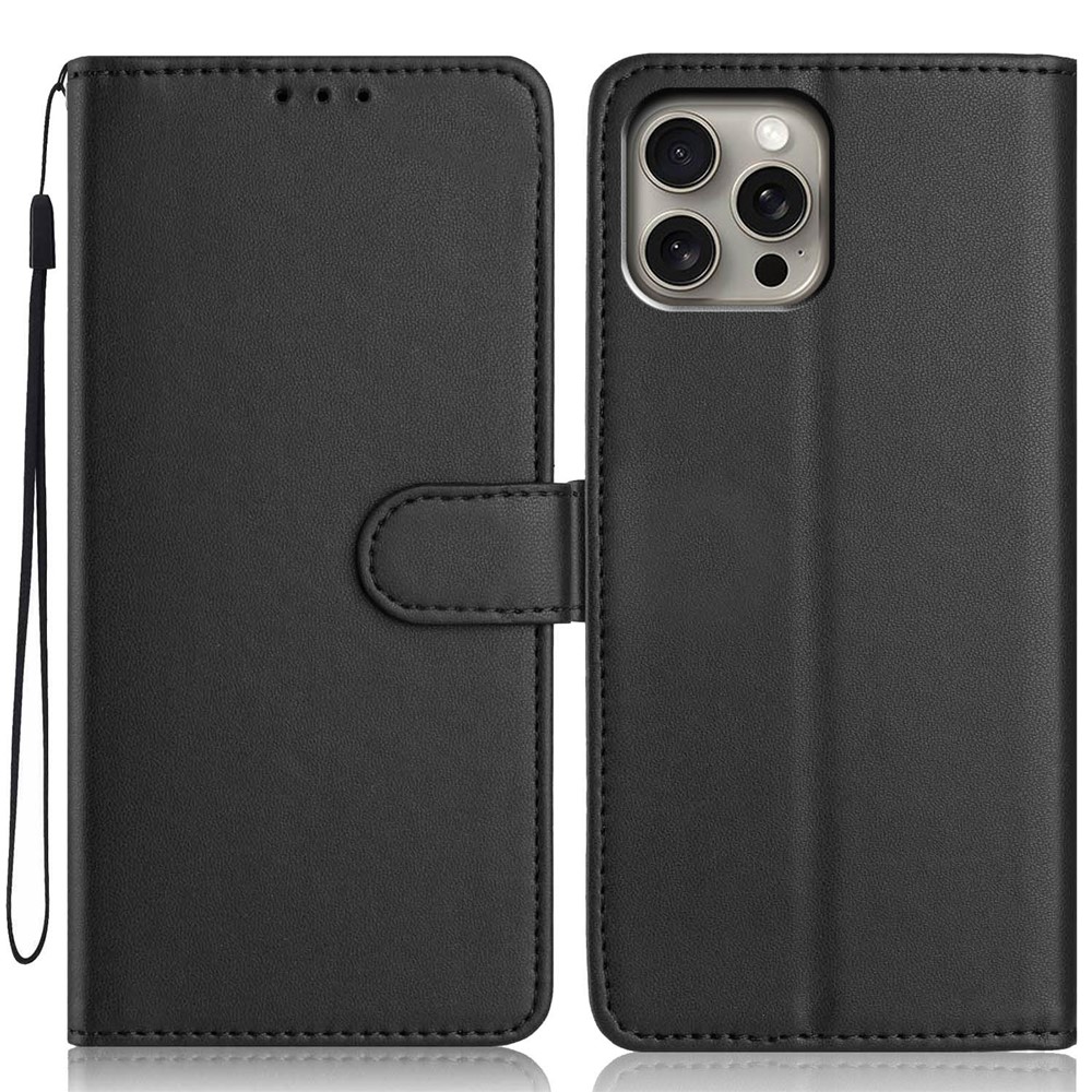 For iPhone 15 Pro Max Wallet Case with Strap / Multiple Card Slots Solid Color Leather Stand Phone Cover - Black