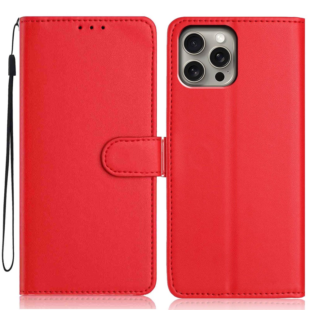 For iPhone 15 Pro Max Wallet Case with Strap / Multiple Card Slots Solid Color Leather Stand Phone Cover - Red