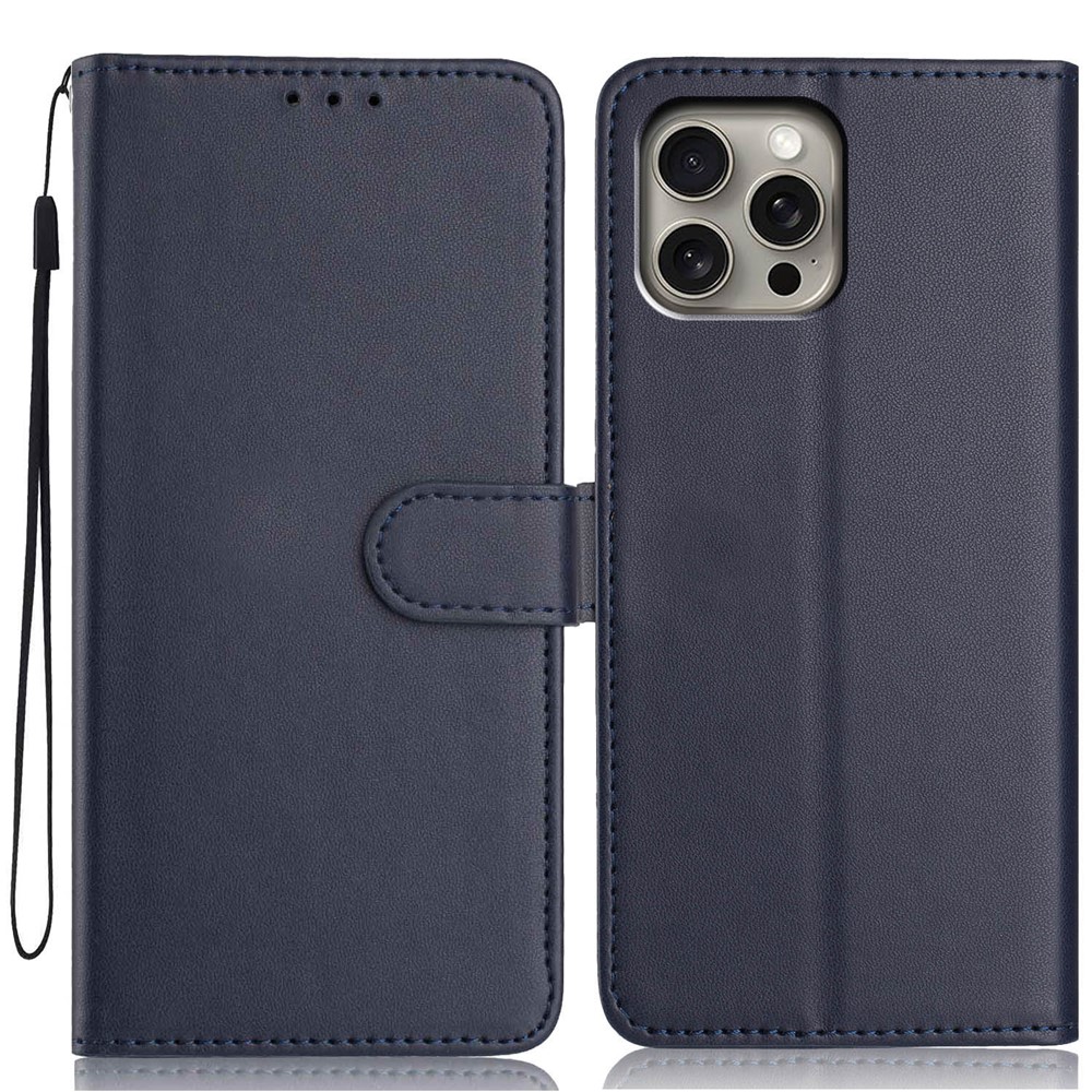 For iPhone 15 Pro Max Wallet Case with Strap / Multiple Card Slots Solid Color Leather Stand Phone Cover - Blue