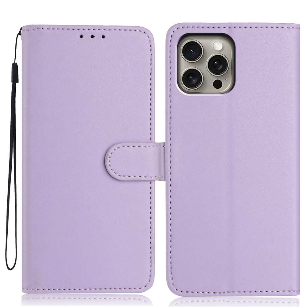 For iPhone 15 Pro Max Wallet Case with Strap / Multiple Card Slots Solid Color Leather Stand Phone Cover - Purple