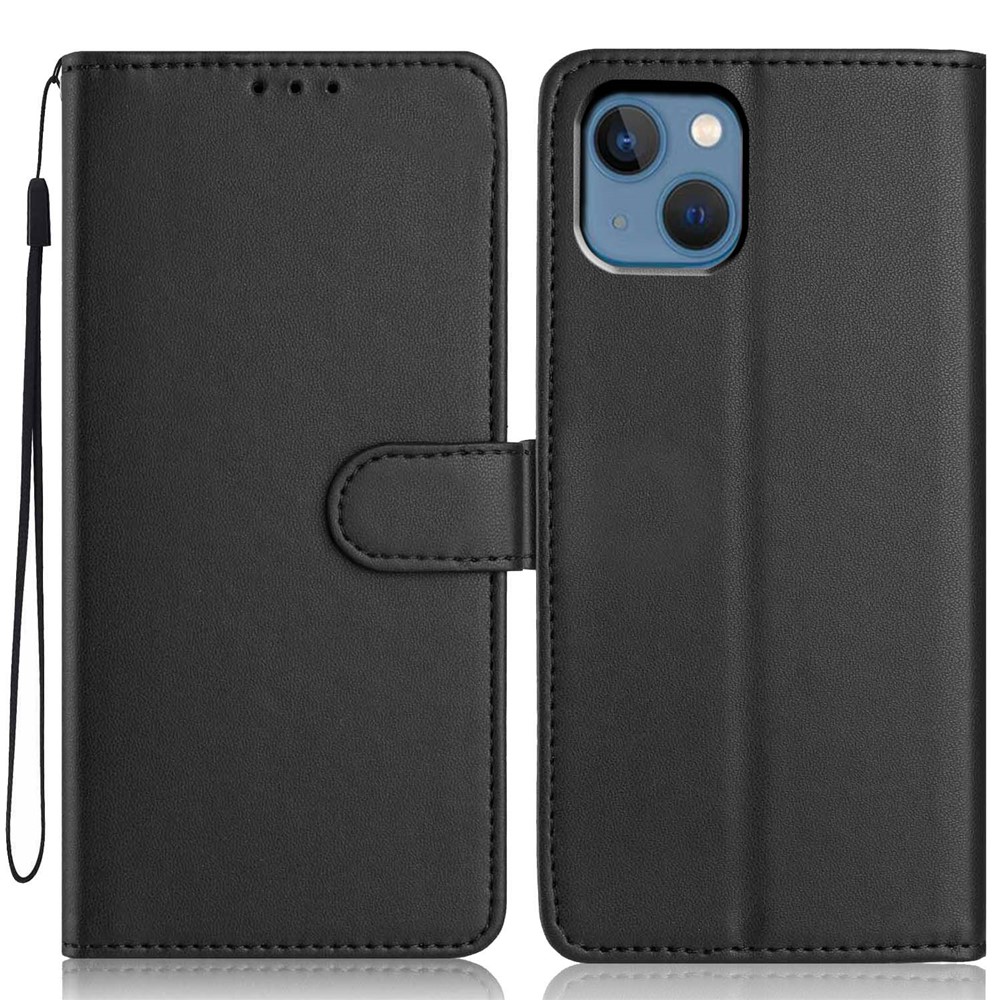 For iPhone 14 / 13 Wallet Case with Strap / Multiple Card Slots Solid Color Leather Stand Phone Cover - Black