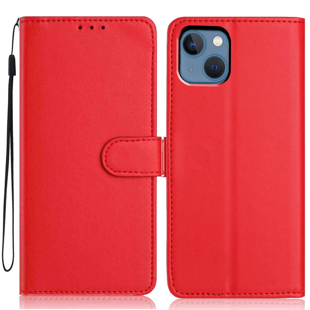 For iPhone 14 / 13 Wallet Case with Strap / Multiple Card Slots Solid Color Leather Stand Phone Cover - Red