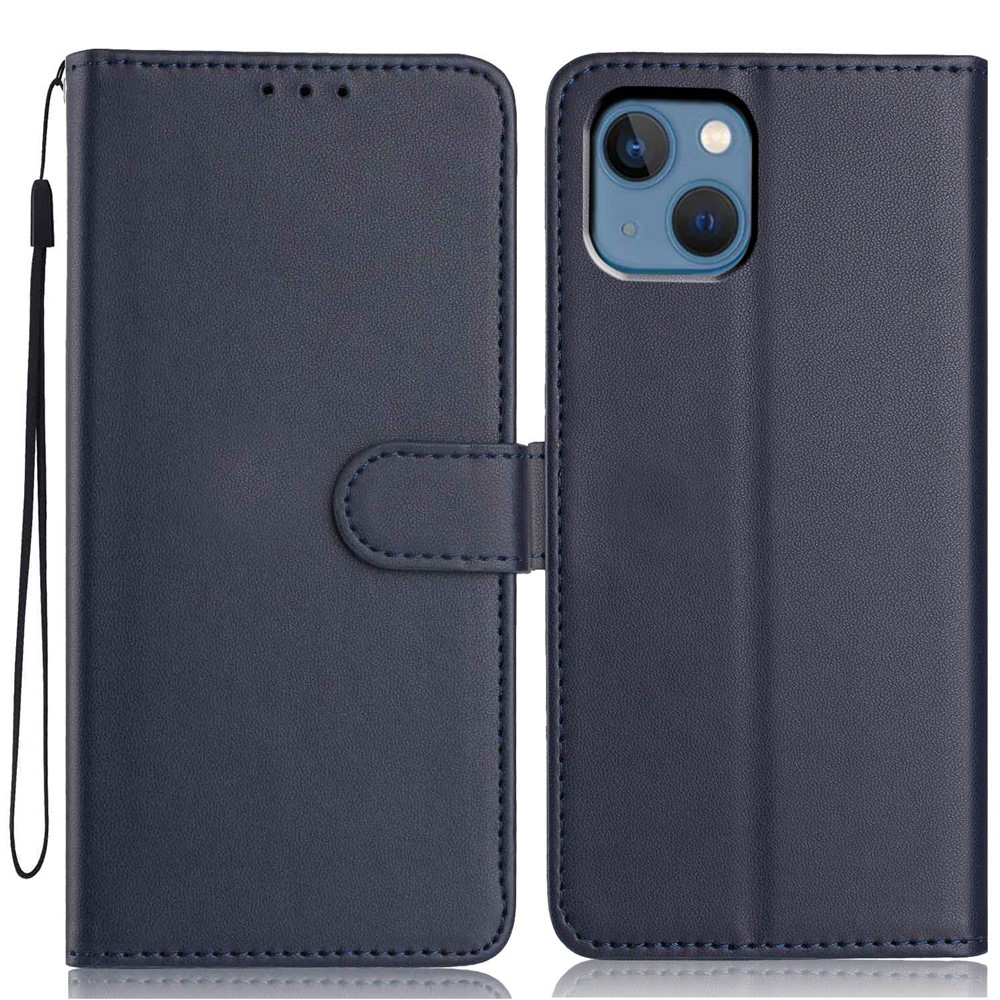 For iPhone 14 / 13 Wallet Case with Strap / Multiple Card Slots Solid Color Leather Stand Phone Cover - Blue