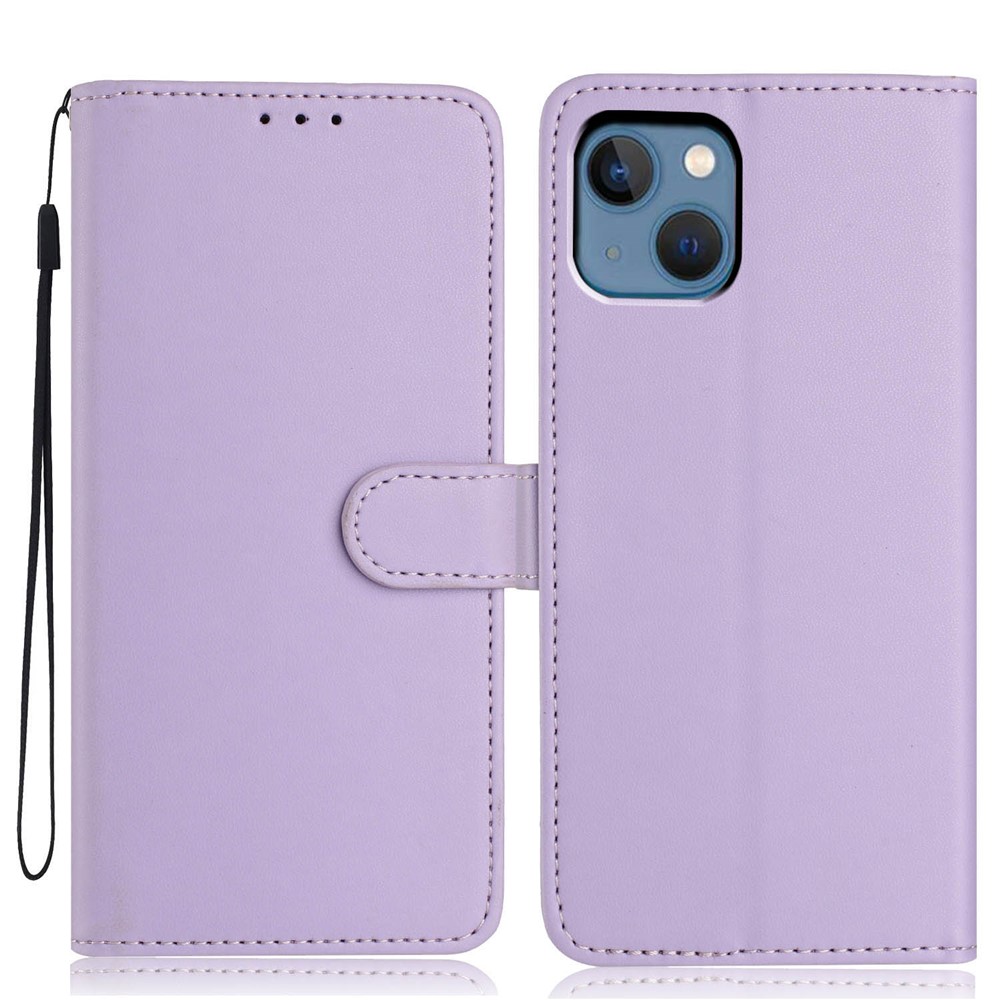 For iPhone 14 / 13 Wallet Case with Strap / Multiple Card Slots Solid Color Leather Stand Phone Cover - Purple