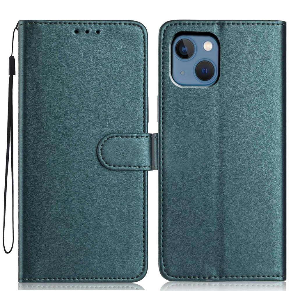 For iPhone 14 / 13 Wallet Case with Strap / Multiple Card Slots Solid Color Leather Stand Phone Cover - Blackish Green
