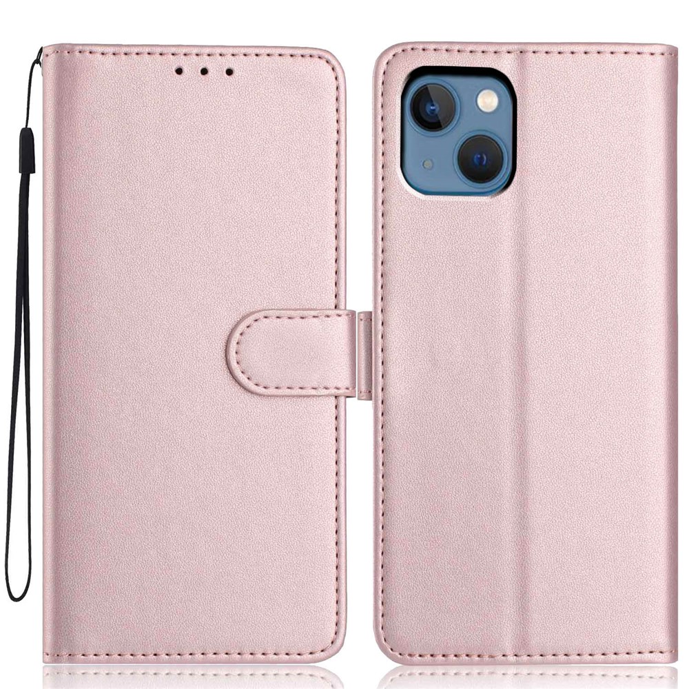 For iPhone 14 / 13 Wallet Case with Strap / Multiple Card Slots Solid Color Leather Stand Phone Cover - Rose Gold