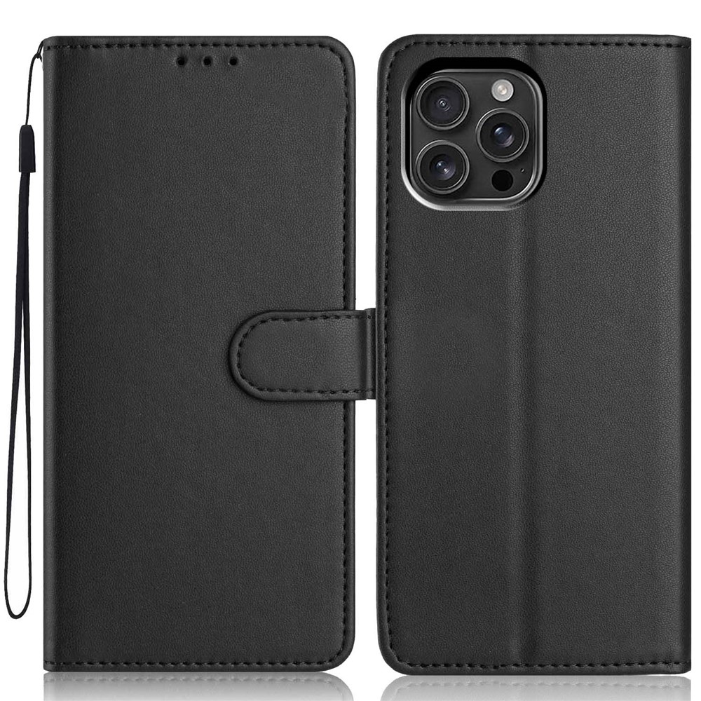 For iPhone 16 Pro Max Wallet Case with Strap / Multiple Card Slots Solid Color Leather Stand Phone Cover - Black
