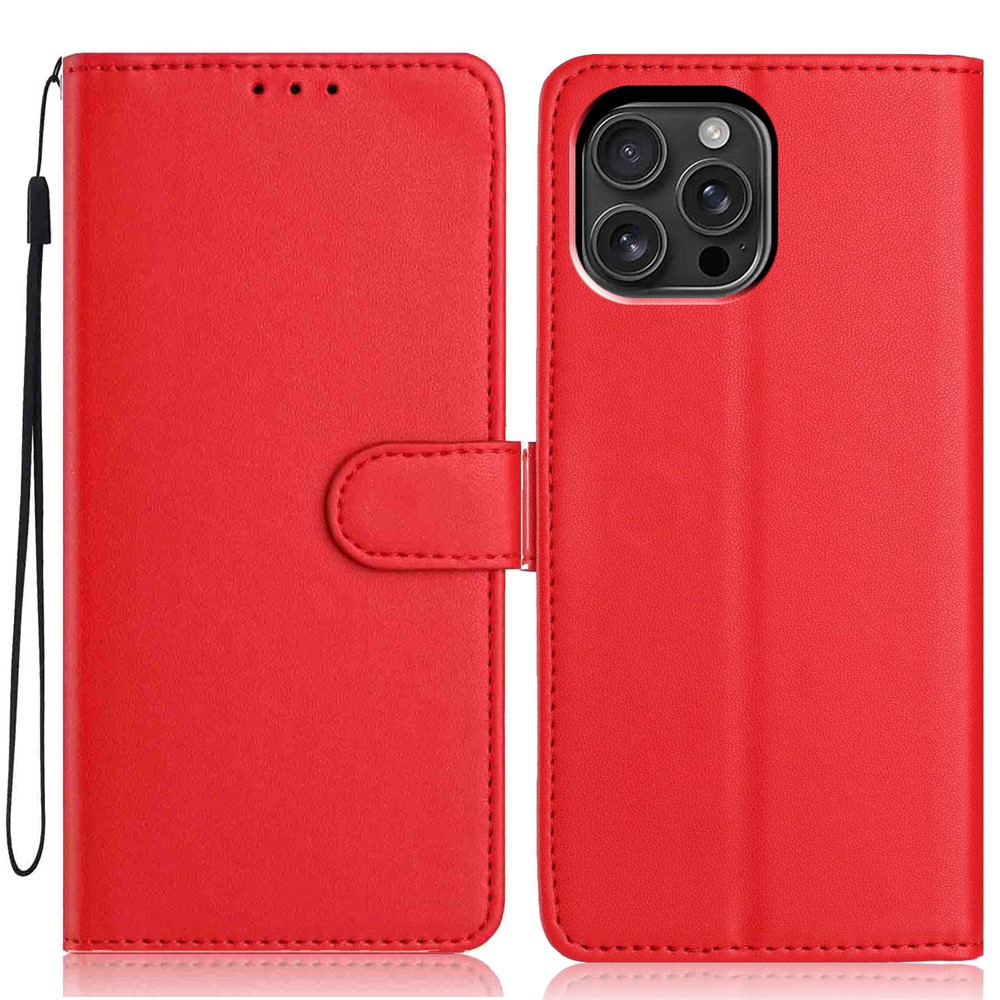 For iPhone 16 Pro Max Wallet Case with Strap / Multiple Card Slots Solid Color Leather Stand Phone Cover - Red