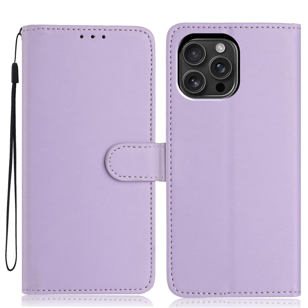 For iPhone 16 Pro Max Wallet Case with Strap / Multiple Card Slots Solid Color Leather Stand Phone Cover - Purple