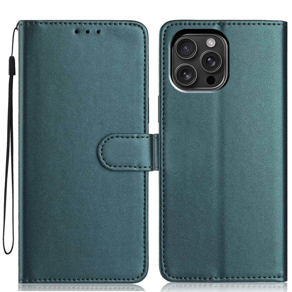 For iPhone 16 Pro Max Wallet Case with Strap / Multiple Card Slots Solid Color Leather Stand Phone Cover - Blackish Green