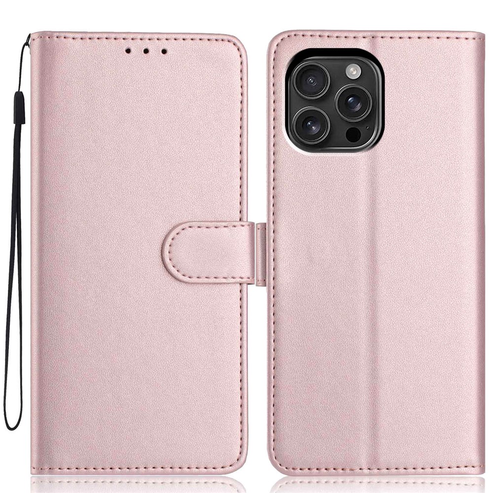 For iPhone 16 Pro Max Wallet Case with Strap / Multiple Card Slots Solid Color Leather Stand Phone Cover - Rose Gold