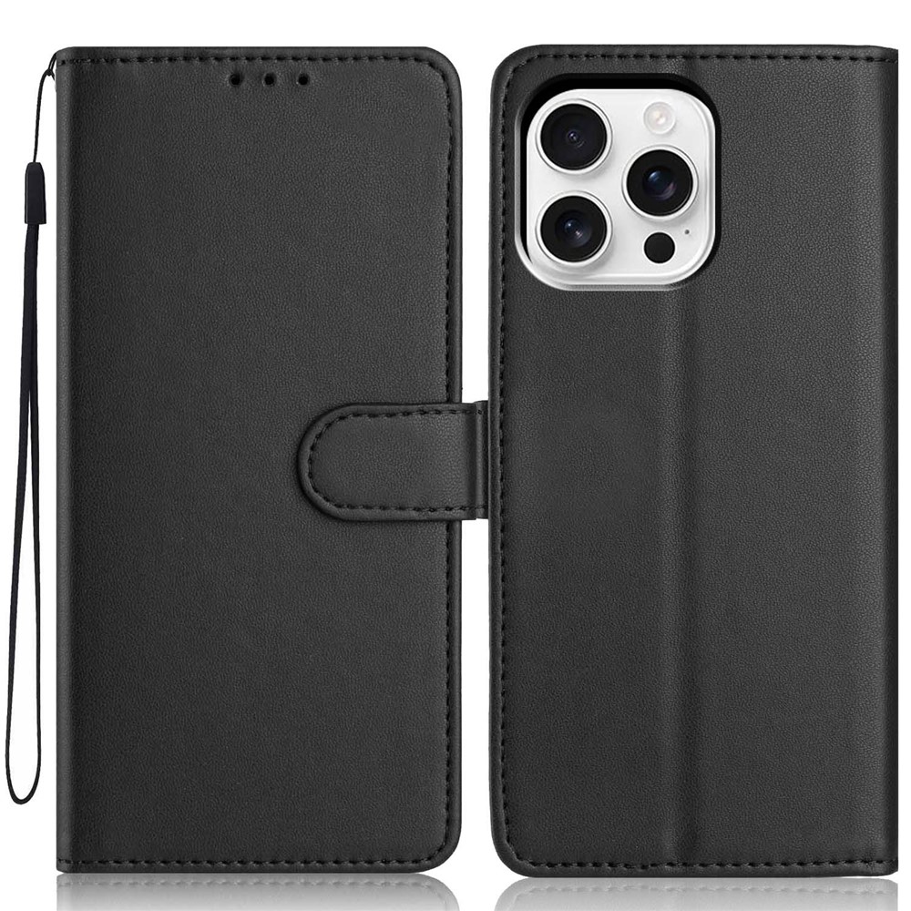 For iPhone 16 Pro Wallet Case with Strap / Multiple Card Slots Solid Color Leather Stand Phone Cover - Black