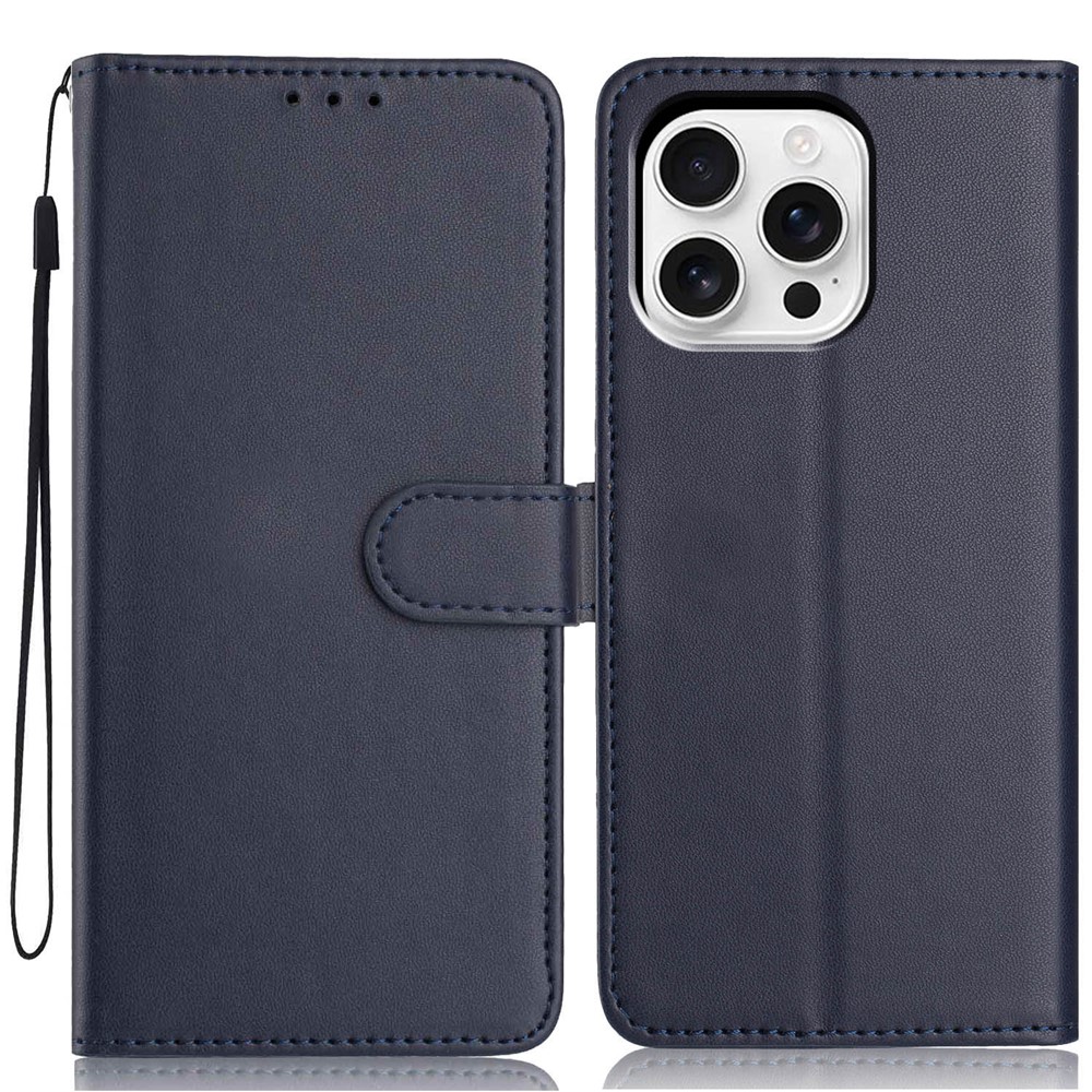 For iPhone 16 Pro Wallet Case with Strap / Multiple Card Slots Solid Color Leather Stand Phone Cover - Blue