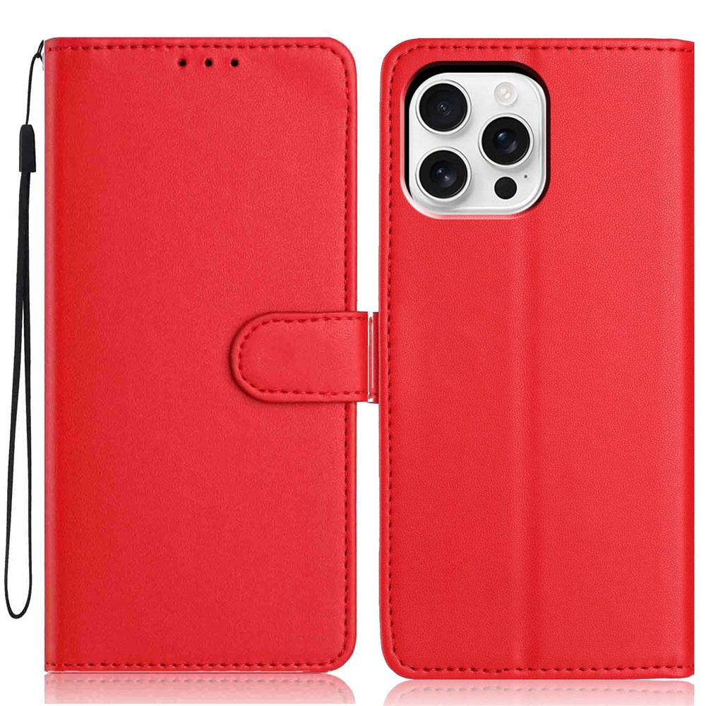 For iPhone 16 Pro Wallet Case with Strap / Multiple Card Slots Solid Color Leather Stand Phone Cover - Red