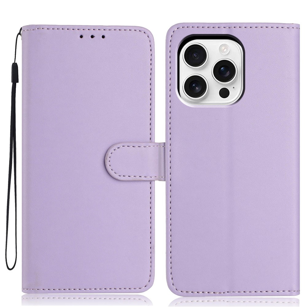 For iPhone 16 Pro Wallet Case with Strap / Multiple Card Slots Solid Color Leather Stand Phone Cover - Purple