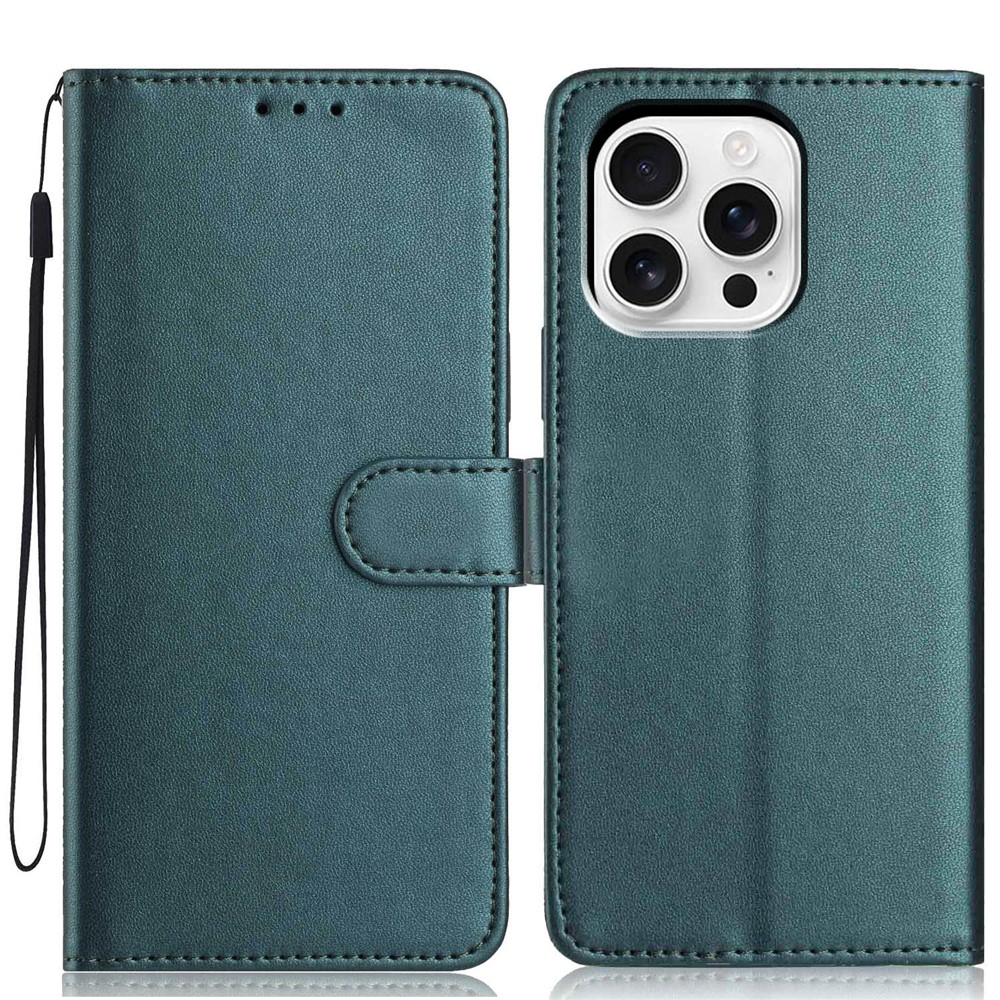 For iPhone 16 Pro Wallet Case with Strap / Multiple Card Slots Solid Color Leather Stand Phone Cover - Blackish Green