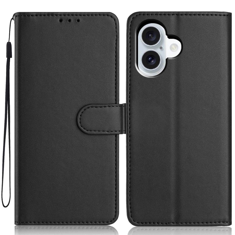 For iPhone 16 Wallet Case with Strap / Multiple Card Slots Solid Color Leather Stand Phone Cover - Black
