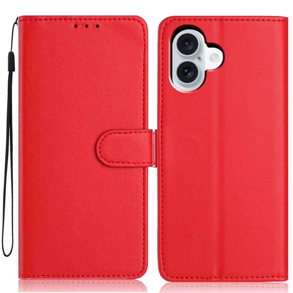 For iPhone 16 Plus Wallet Case with Strap / Multiple Card Slots Solid Color Leather Stand Phone Cover - Red