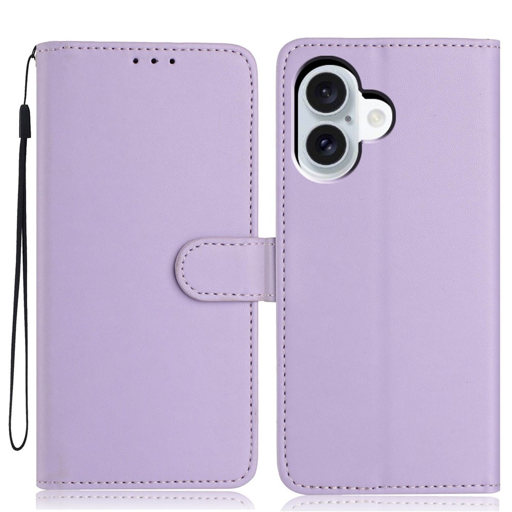 For iPhone 16 Plus Wallet Case with Strap / Multiple Card Slots Solid Color Leather Stand Phone Cover - Purple