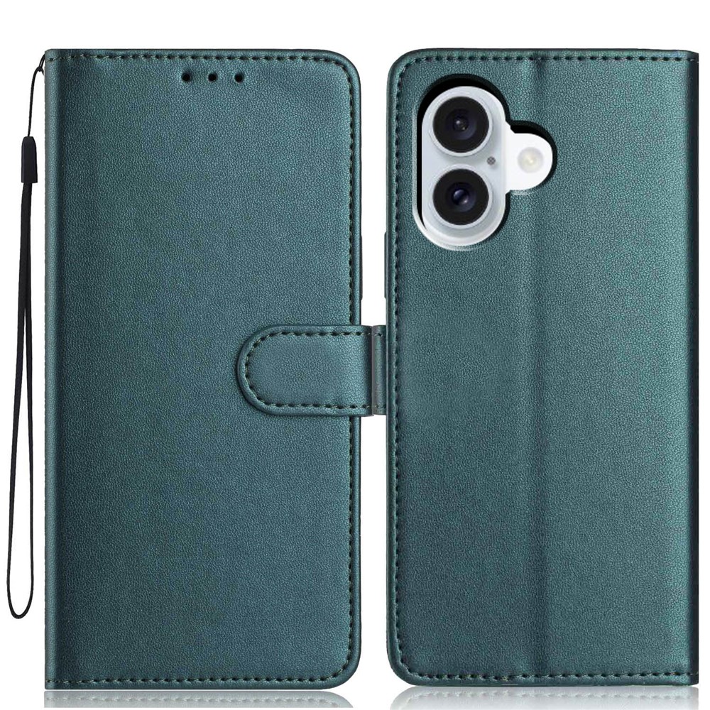 For iPhone 16 Plus Wallet Case with Strap / Multiple Card Slots Solid Color Leather Stand Phone Cover - Blackish Green