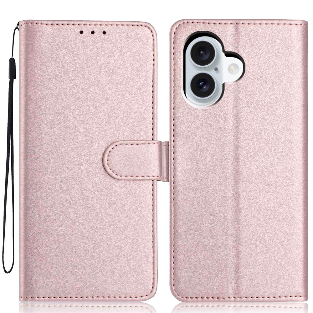 For iPhone 16 Plus Wallet Case with Strap / Multiple Card Slots Solid Color Leather Stand Phone Cover - Rose Gold