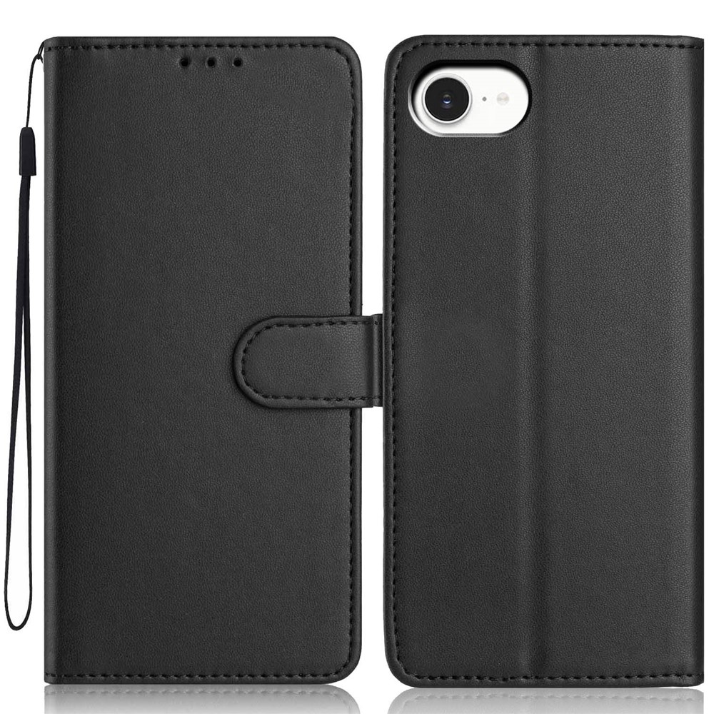 For iPhone 16e Wallet Case with Strap / Multiple Card Slots Solid Color Leather Stand Phone Cover - Black