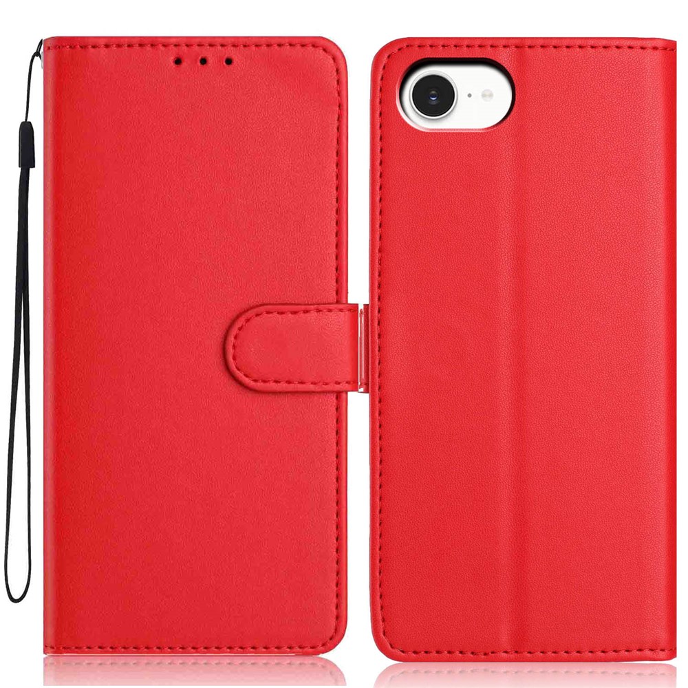 For iPhone 16e Wallet Case with Strap / Multiple Card Slots Solid Color Leather Stand Phone Cover - Red