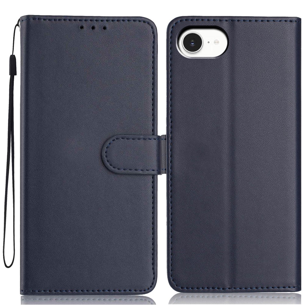 For iPhone 16e Wallet Case with Strap / Multiple Card Slots Solid Color Leather Stand Phone Cover - Blue